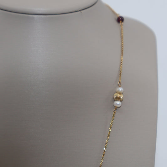 14K Yellow Gold Pearl and Garnet Drop Necklace OTC10834