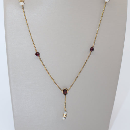 14K Yellow Gold Pearl and Garnet Drop Necklace OTC10834