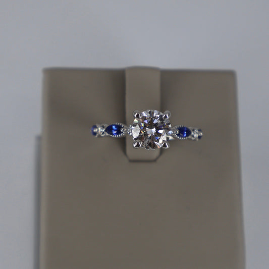 LAB GROWN 14KW 1.42CT ROUND CENTER /.15CT 6 ROUND DIAMONDS / .44 CT 4 MARQUISE SAPHIRE MILGRAIN DETAILING AROUND ALL STONES SIZE 6.5 LABDRCD747