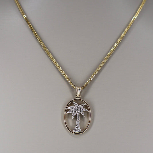 14K Yellow Gold Circle Necklace with Diamond Pavé Palm Tree OTC11671