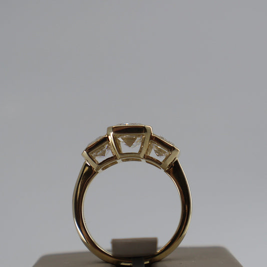 LAB GROWN 14KY 2.08CT EMERALD CUT CENTER DIAMOND / 2.05CTW EMERALD ON EACH SIDE BEZEL SET 3 STONE RING LABDRCD802
