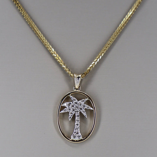 14K Yellow Gold Circle Necklace with Diamond Pavé Palm Tree OTC11671