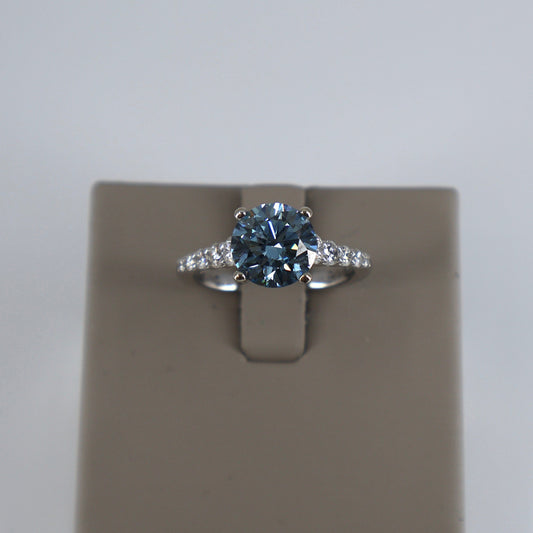 LAB GROWN 14KW .50CT GRADUATING 10 ROUND DIAMONDS / 2.56CT ROUND BLUE CENTER DIAMOND RING LABDRCD591