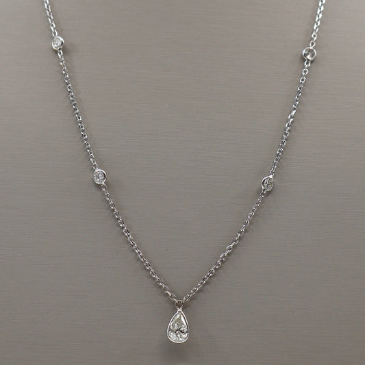14K White Gold Diamond by the Yard with Bezel-Set Pear-Shaped Dangle Necklace OTC11531