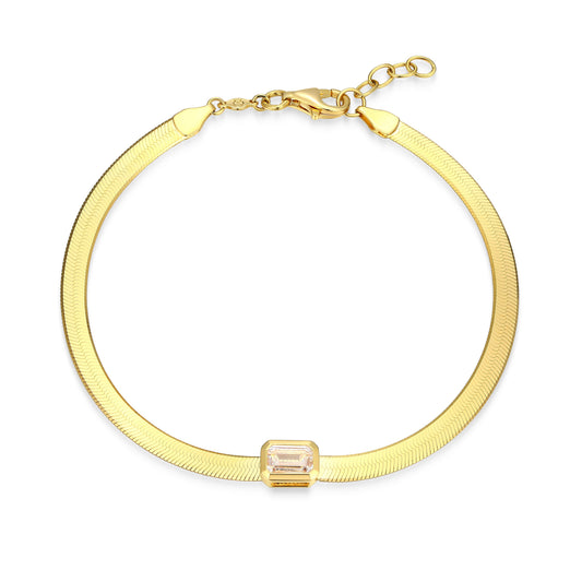 MB0136Y - Bezel Emerald Flat Snake Chain Bracelet
