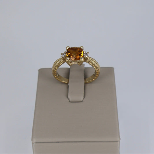 14K Yellow Gold Cushion-Cut Citrine and Diamond 3-Stone Filigree Ring OTC11583