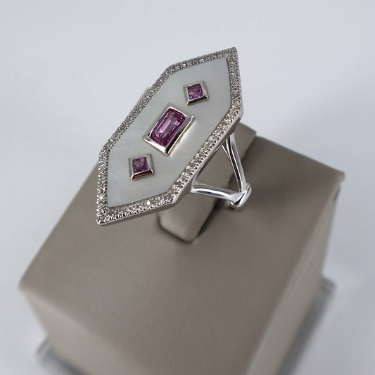 14K White Gold Hexagon Ring with Round Diamonds SRG20687