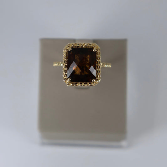 14K Yellow Gold Checkerboard Cushion Smoky Quartz Halo Ring OTC11359