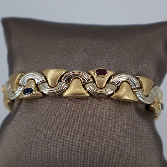 14K Two-Tone Gold Wide Bracelet with Bezel-Set Oval Rubies and Sapphires OTC11264