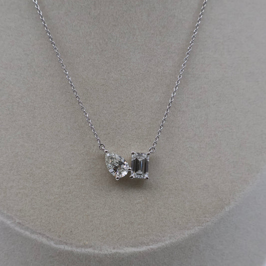 LAB GROWN 14KW 1.01CT PEAR SHAPE G/VVS2 / 1.13 EMERALD CUT G/VS1 DIAMOND NECKLACE (IGI CERTIFIED) LABSPN0209