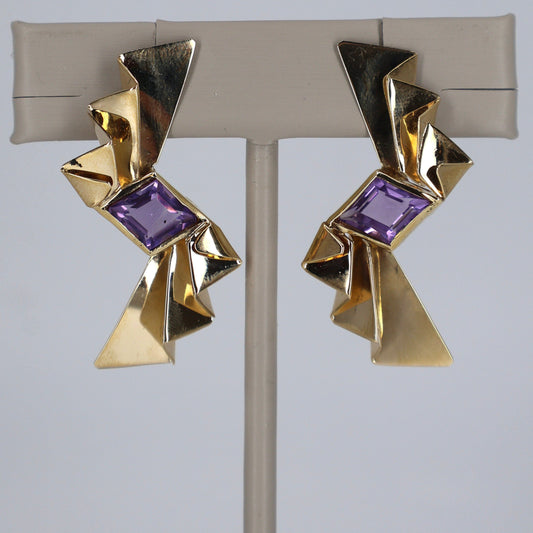 14K Yellow Gold Emerald-Cut Amethyst Earrings with Folded Gold Layer OTC11234