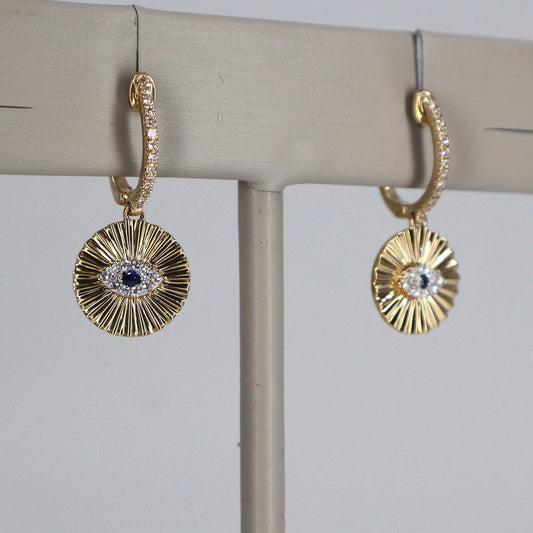 14K Yellow Gold Evil Eye Dangle Earrings with Round Diamonds DECS0898