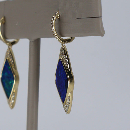 14K Yellow Gold Dangle Earrings with Marquise Opals and Round Diamonds SE10774
