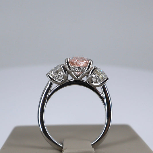 LAB GROWN 14KW 3 STONE RING 2.24CT OVAL FANCY PINK DIAMOND VS1 WITH 2.00CTW OVAL F/VS1 DIAMONDS ON SIDE LABDRCD493