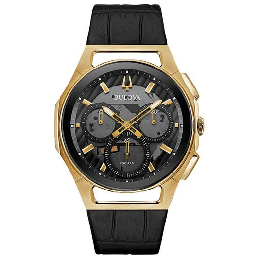 Bulova Curv Chronograph Black Dial Black Leather Strap Men's Watch Watch 97A143