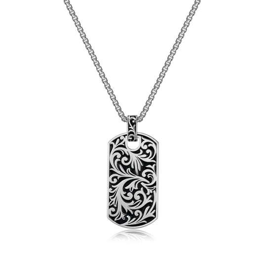 UP03 - Chisel Filigree Dog Tag Necklace in Rhodium Finish Sterling Silver