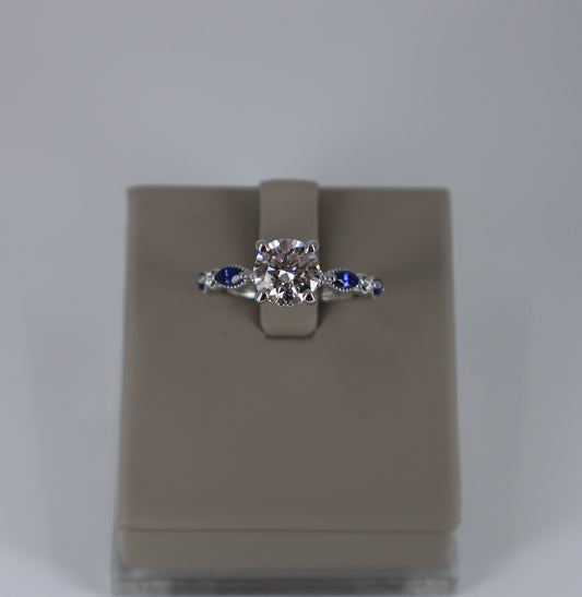 LAB GROWN 14KW 1.42CT ROUND CENTER /.15CT 6 ROUND DIAMONDS / .44 CT 4 MARQUISE SAPHIRE MILGRAIN DETAILING AROUND ALL STONES SIZE 6.5 LABDRCD747