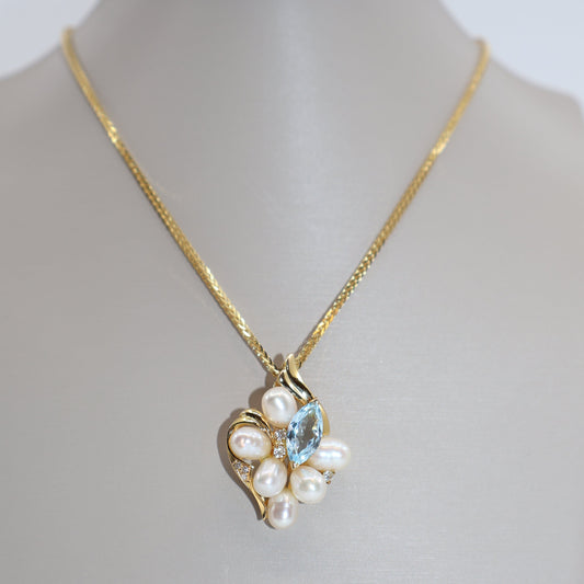 18K Yellow Gold Pearl and Diamond Pendant Enhanced with Marquise Blue Topaz OTC11665