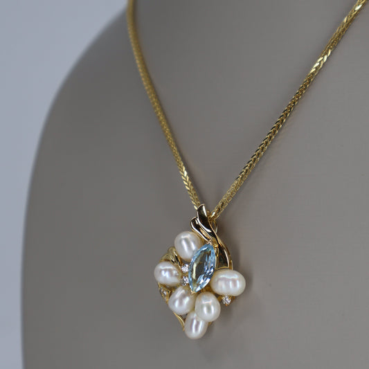 18K Yellow Gold Pearl and Diamond Pendant Enhanced with Marquise Blue Topaz OTC11665