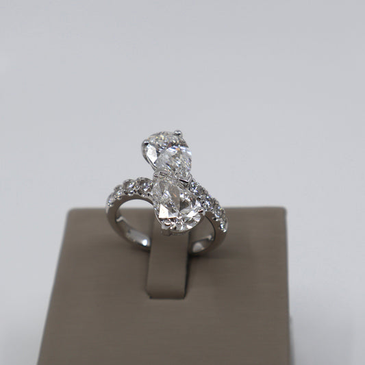 LAB GROWN 14KW .64CTW 8 ROUND DIAMONDS / 4.11 CT 2 PEAR SHAPE DIAMONDS / EVVS2 BYPASS RING LABDRCD798