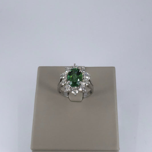 14KW 1.84CTW 10 ROUND DIAMOND HALO / 1.18 OVAL GREEN TOURMALINE RING  DRCM4538
