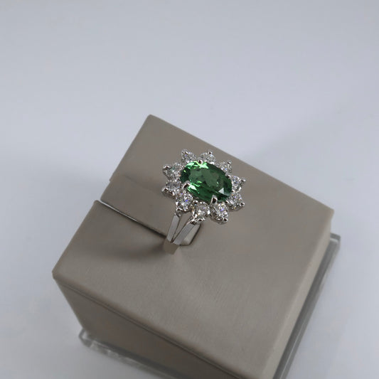 14KW 1.84CTW 10 ROUND DIAMOND HALO / 1.18 OVAL GREEN TOURMALINE RING  DRCM4538