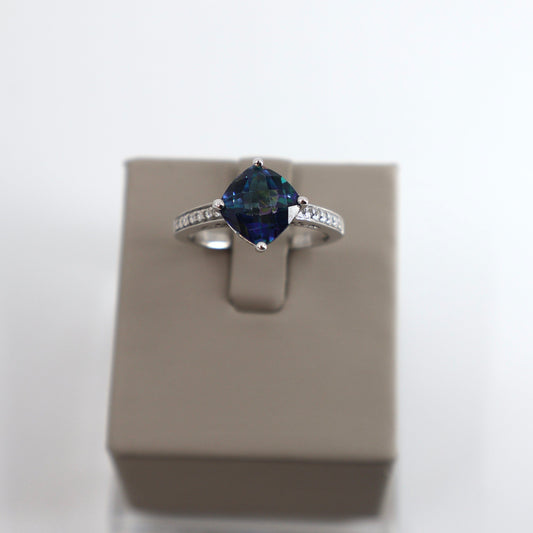 14K White Gold Cushion-Cut Rainbow Topaz Ring with Pavé-Set Diamonds OTC11582
