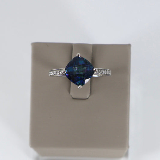 14K White Gold Cushion-Cut Rainbow Topaz Ring with Pavé-Set Diamonds OTC11582