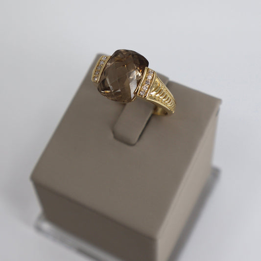 14K Two-Tone Gold Elongated Cushion-Cut Smoky Quartz and Diamond Ring OTC11159