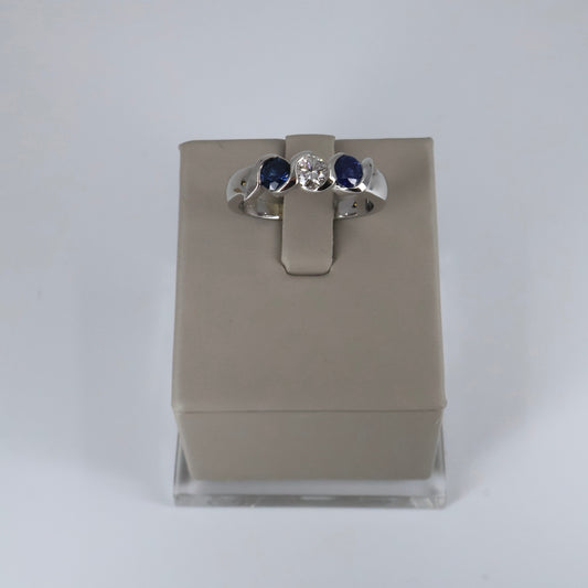 14K White Gold Ring with 2 Round Sapphires and 1 Round Diamond OTC11592