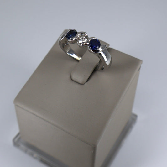 14K White Gold Ring with 2 Round Sapphires and 1 Round Diamond OTC11592