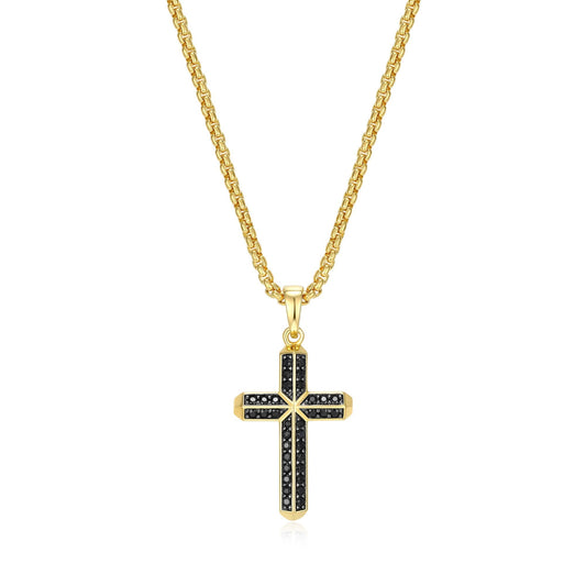 UN0024 - Black Ice Yellow Gold - Plated Sterling Silver Cross Pendant Necklace
