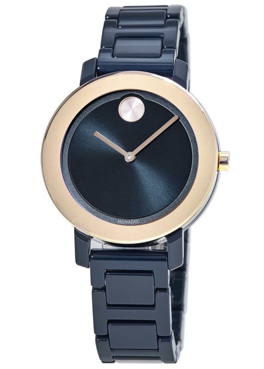Movado Bold Evolution Gold Tone Bezel Navy Blue Ceramic Women's 3600708
