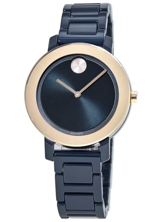 Movado Bold Evolution Gold Tone Bezel Navy Blue Ceramic Women's 3600708