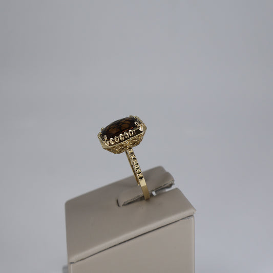 14K Yellow Gold Checkerboard Cushion Smoky Quartz Halo Ring OTC11359