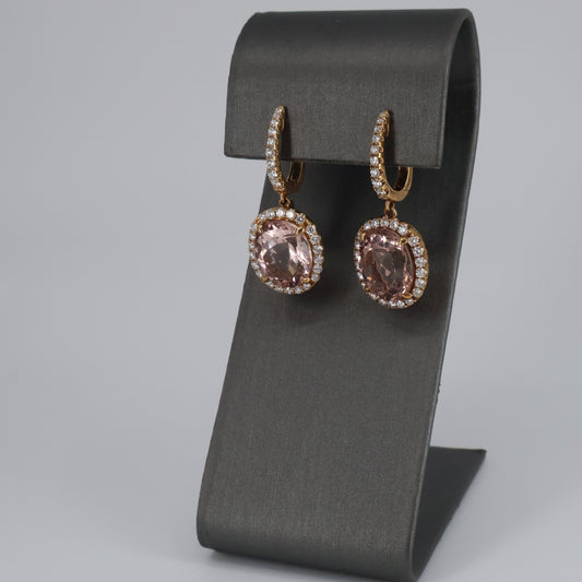 18KR 1.03CTW 62 ROUND DIAMOND / 9.91CT 2 OVAL MORGANITE DROP EARRINGS DECM1067