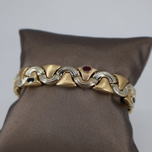 14K Two-Tone Gold Wide Bracelet with Bezel-Set Oval Rubies and Sapphires OTC11264