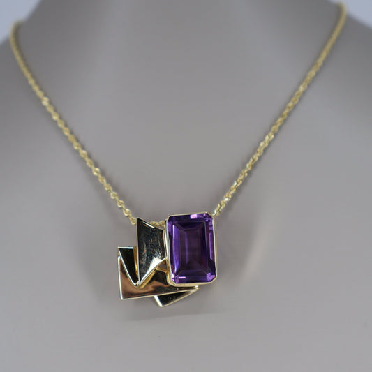 14K Yellow Gold Emerald-Cut Amethyst Folded Gold Layer Slide Necklace OTC11233