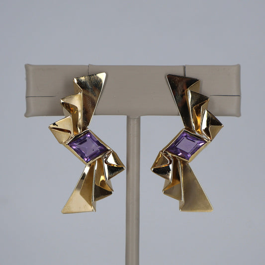 14K Yellow Gold Emerald-Cut Amethyst Earrings with Folded Gold Layer OTC11234