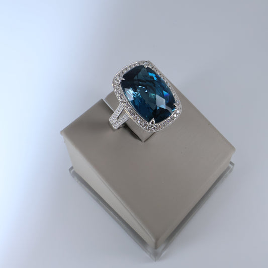 18KW .57CTW 70 ROUND DIAMOND / 14.28CT CUSHION CUT LONDON BLUE TOPEZ RING SRG20433