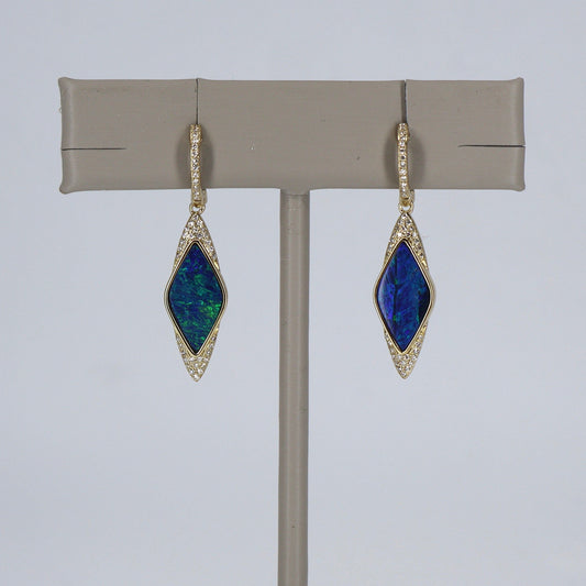 14K Yellow Gold Dangle Earrings with Marquise Opals and  Round Diamonds SE10774