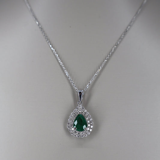 14KW .40CTW DIAMOND DOUBLE HALO / .90CT PEAR SHAPE EMERALD NECKLACE DPCE0313