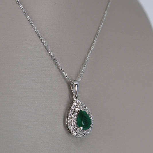 14KW .40CTW DIAMOND DOUBLE HALO / .90CT PEAR SHAPE EMERALD NECKLACE DPCE0313