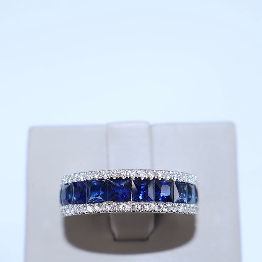 18KW SAPPHIRE PRINCESS CUT / ROUND DIAMOND ROWS RING OTC09737