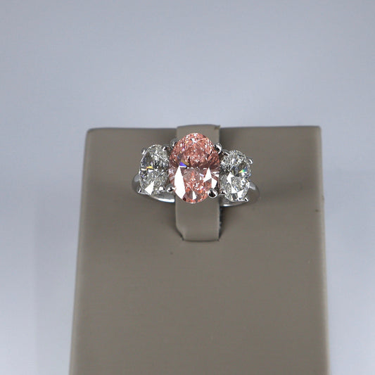 LAB GROWN 14KW 3 STONE RING 2.24CT OVAL FANCY PINK DIAMOND VS1 WITH  2.00CTW OVAL F/VS1 DIAMONDS ON SIDE LABDRCD493