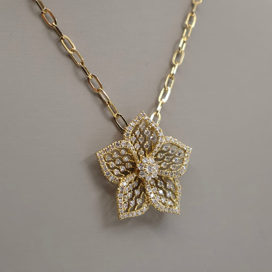 18KY 1.99CTW 139 ROUND DIAMOND FLOWER PENDANT/ 24" PAPERCLIP CHAIN DPCD10934