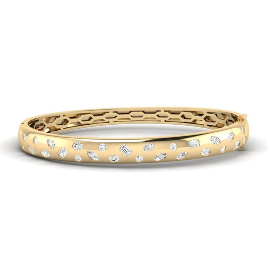 14K Gold Multi Shape Inlay Domed Bangle Bracelet