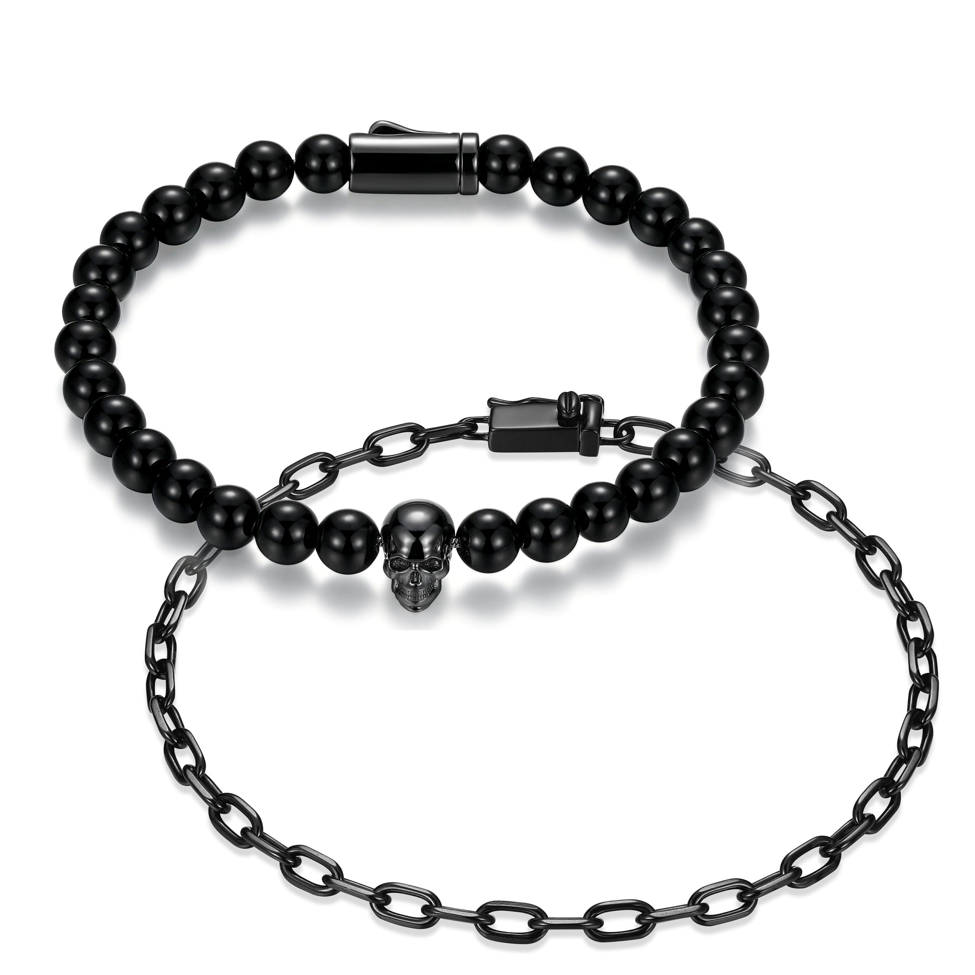 ub0107-skull-box-set-black-agate-bead-faceted-cable-chain-bracelets-in-gunmetal-plated-sterling-silver