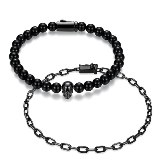 ub0107-skull-box-set-black-agate-bead-faceted-cable-chain-bracelets-in-gunmetal-plated-sterling-silver