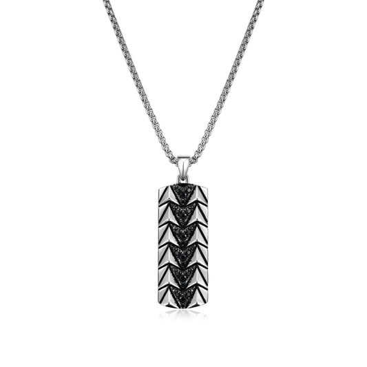UP07 - Chevron Rhodium and Gunmetal Sterling Silver and Black Sapphire Tag Necklace